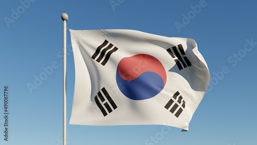 waving south Korea national flag with blue sky, 3drendered image photo