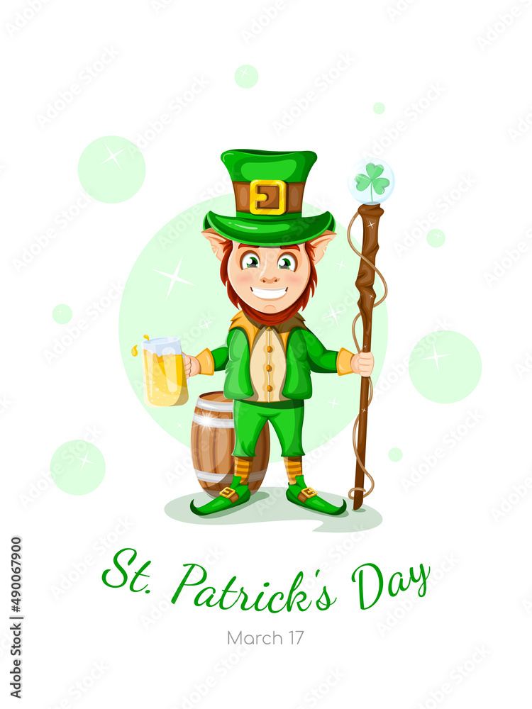 Postcard Happy St. Patrick's Day. Cheerful and happy leprechaun with a mug of beer and a cane with a clover in his hands, behind a barrel Postcard Happy St. Patrick's Day. Cheerful and happy leprechaun with a mug of beer and a cane with a clover in his hands, behind a barrel