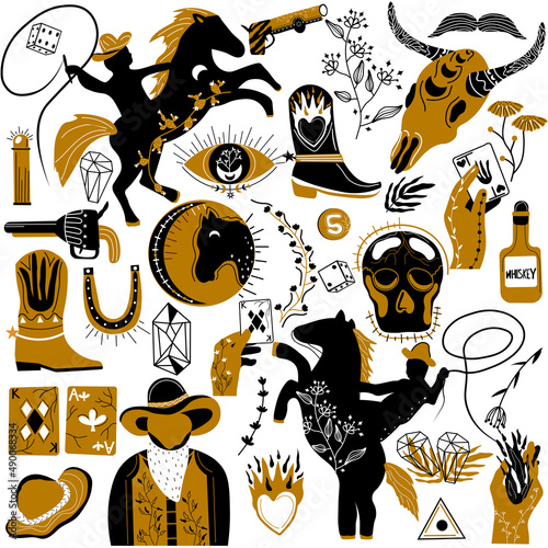 Wild west, cowboy collection. Wild horse, cactus, skull, snake, cowboy boot, card, moon, sun, crystal, hand with fire, gun. Old west. Vector illustration