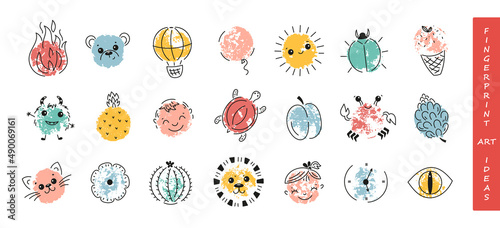 Vector Set of Fingerprint Art Ideas for Children. Colorful Childish Paint Drawing.