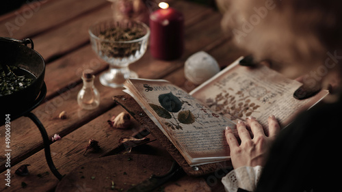 the witch cooks an elixir with herbs in a cauldron  recipe book