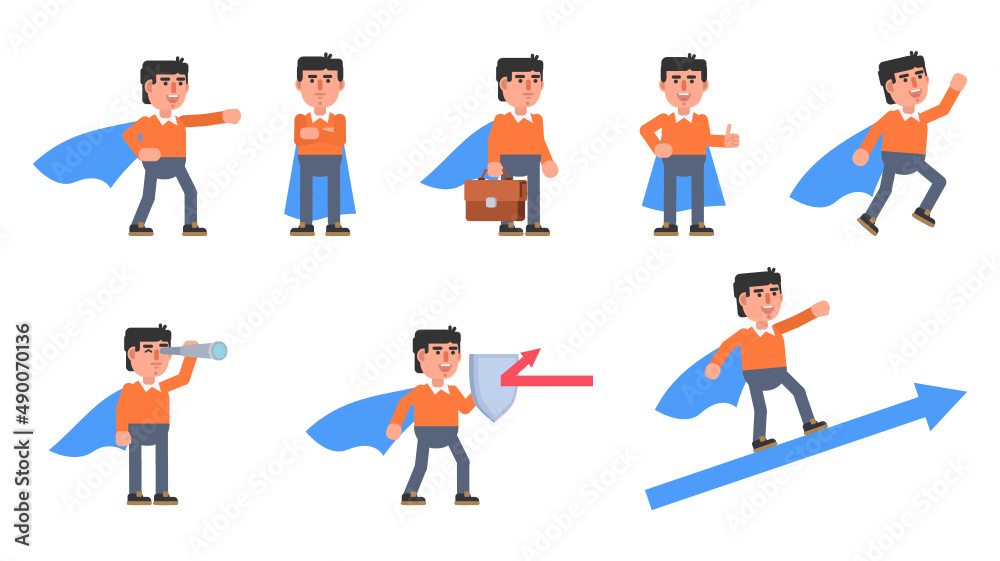 Obraz premium Set of businessman character with super hero cloak in various situations. Modern vector illustration