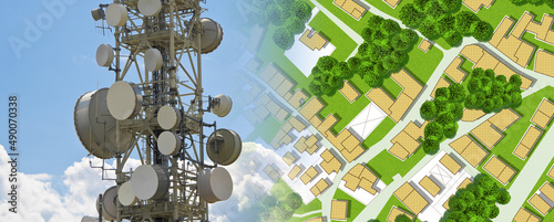 Alert and risk about radio emissions near residential areas - concept with base radio station for global communications services with home and imaginary city map