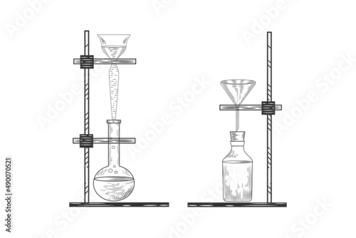 Sketch of a physics or chemical laboratory experiment and equipment. Vector pharmaceutical glass flasks, beakers and test tubes in old engraving style.