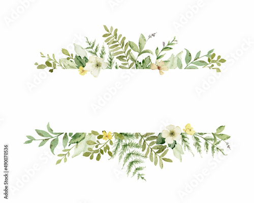 Watercolor vector banner with green forest foliage and flowers.