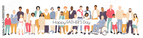 Happy Father's Day card. Multicultural group of fathers with kids. Flat vector illustration.