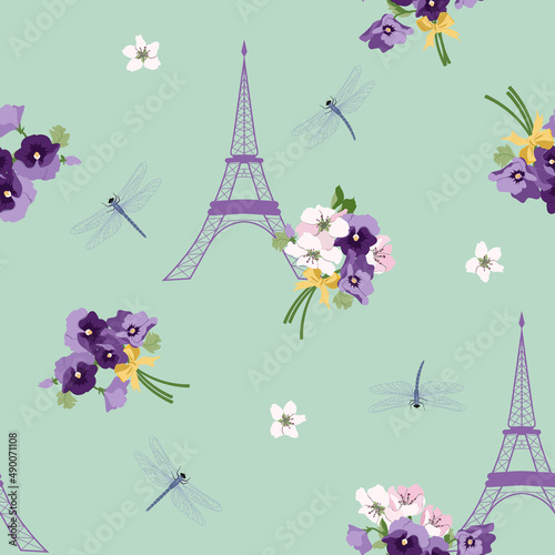 Seamless vector illustration with pansies,cherry flowers, eiffel tower and dragonflies.