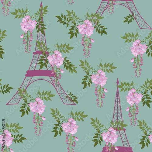 Seamless vector illustration with wisteria and eiffel tower