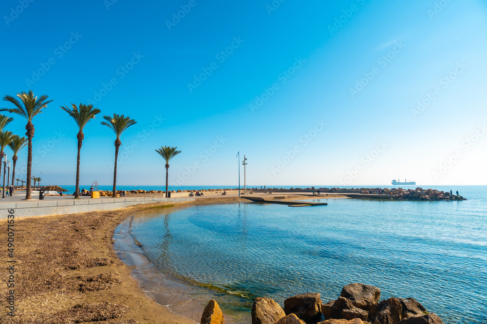 Beach with palm trees in the coastal town of Torrevieja next to the Playa del Cura, Alicante, Valencian Community. Spain, Mediterranean Sea on the Costa Blanca