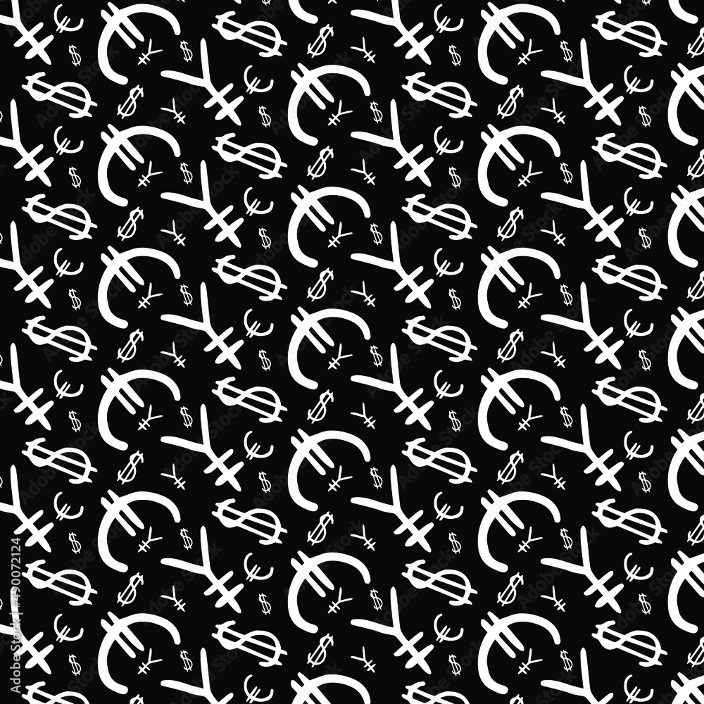 Fototapeta premium Various foreign currencies signs seamless pattern. Template background. Various currency symbols. Exchange rate of foreign currency. Foreign currency exchange icon. 