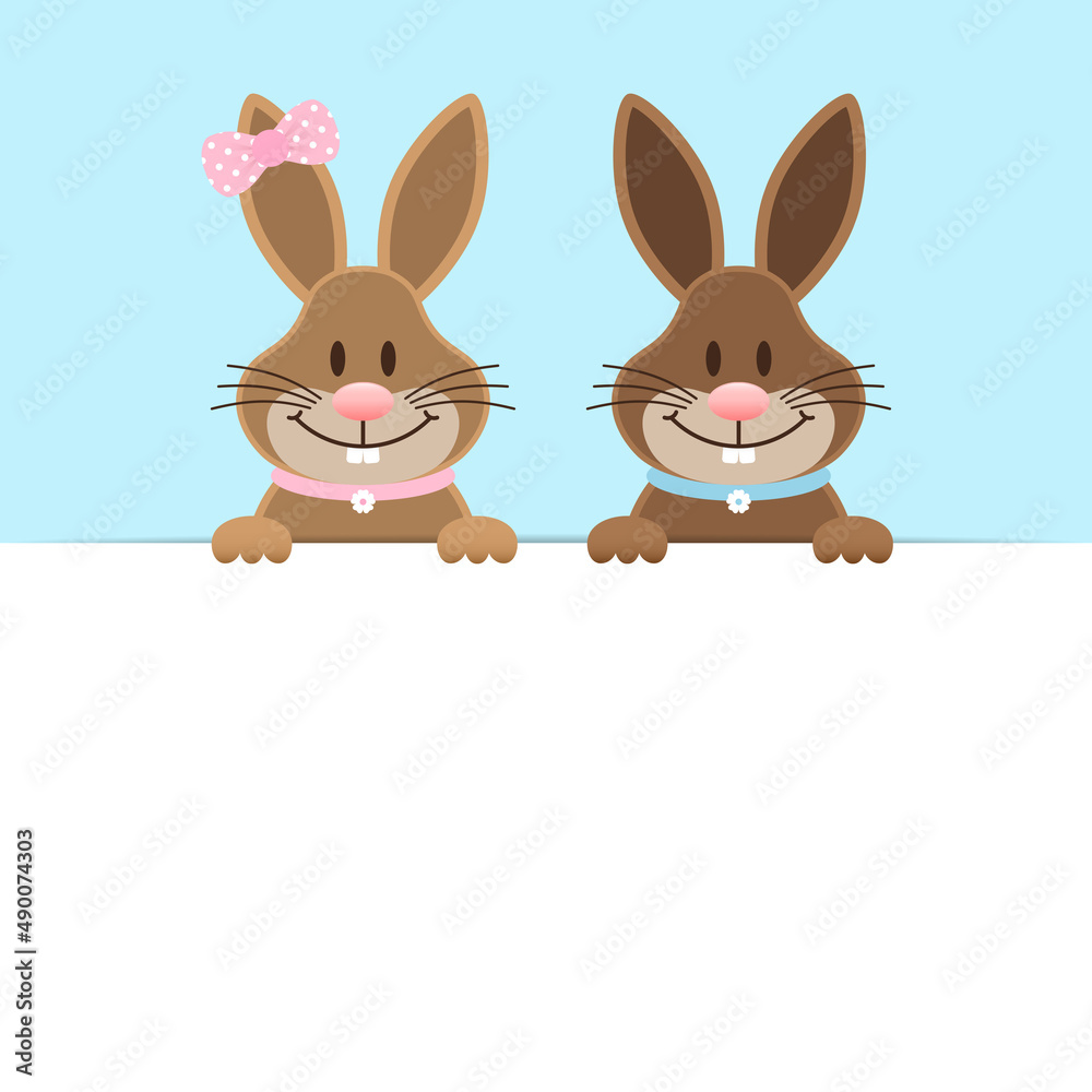 2 Osterhasen Mädchen Und Junge Halten Banner Himmel 2 Osterhasen Mädchen Und Junge Halten Banner Himmel