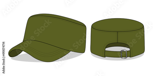 Olive Green Military Cadet Cap With Adjustable Metal Buckle Strap on White Background, Vector File.