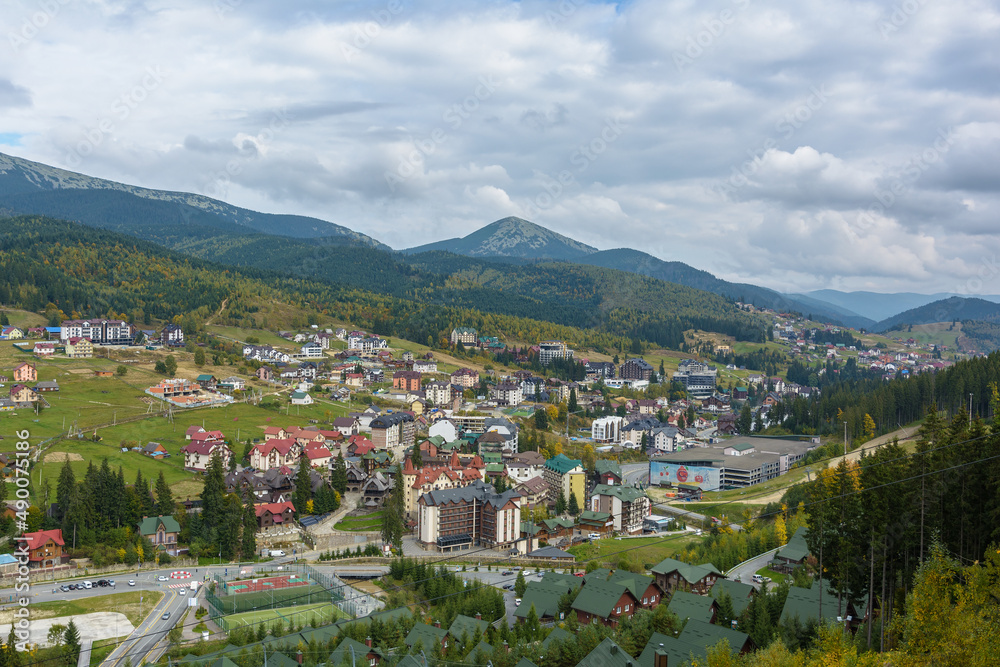 Carpathian Mountains, Bukovel, ski resort, Ukraine. Autumn landscape.