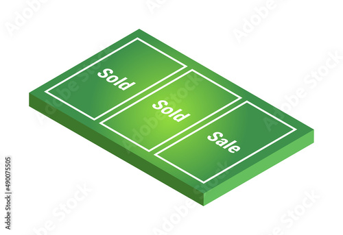 Vector isometric illustration with the concept of a land market isolated on a white background. Land for sale and land sold. Residential, commercial, industrial, agriculture fields. Real estate icon.