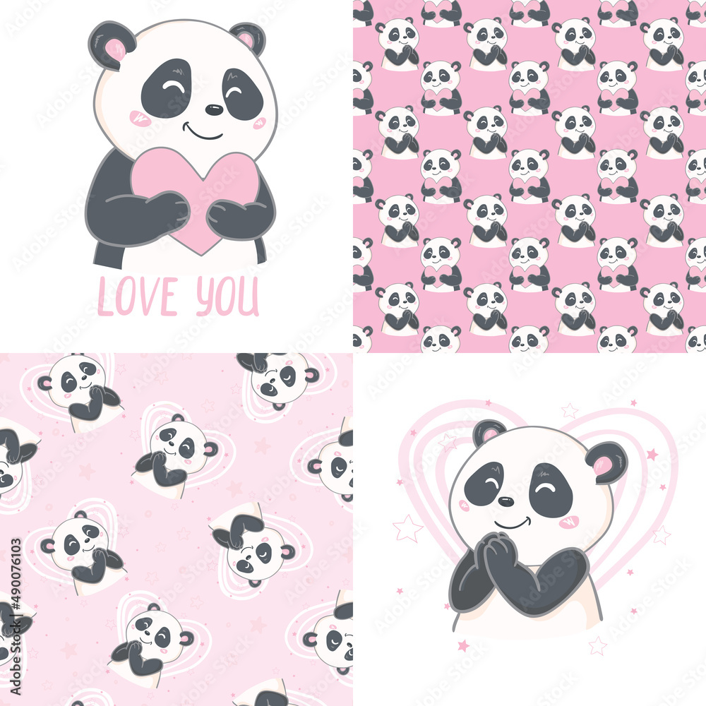 Obraz premium Seamless pattern Panda and heart vector illustration