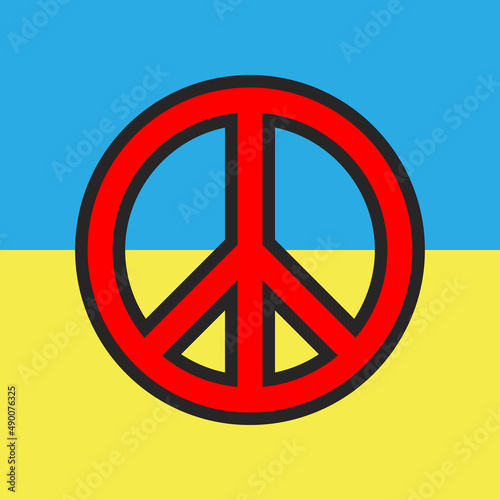 Peace sign on Ukraine flag background. Red pacifist sign with black outline. Ukrainian and Russian military crisis concept. Conflict between Ukraine and Russia. Condemnation and denial of all wars.