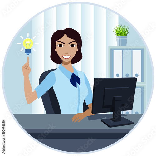 A smiling young woman in front of a computer comes up with a good idea. Vector illustration.
