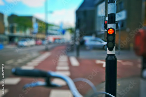 Infrastructure for cyclists. Cycling in the city. Traffic light for cyclists. Comfortable urban environment for movement by personal transport.