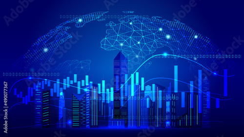 Dot - line earth financial curve chart and urban architecture background