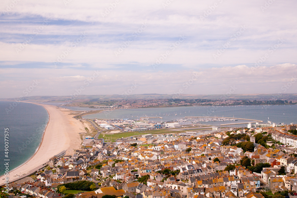 View of Weymouth and Portland in Dorset with Chesil Beach and the coastline