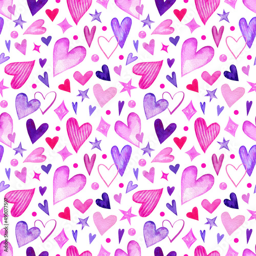 Seamless pattern of watercolor pink, lilac and blue hearts. Valentine's Day Symbols
