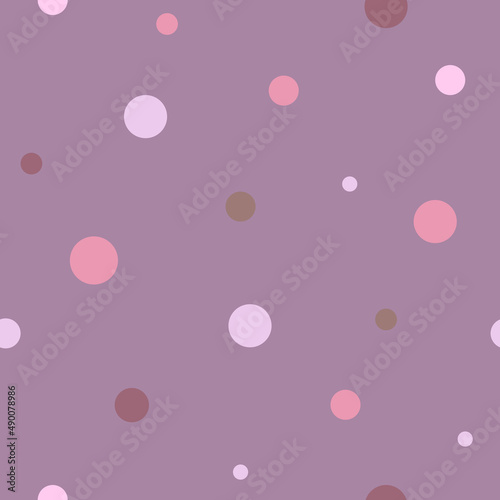 Seamless abstract pattern of circles of different colors on purple backdrop. Kaleidoscope background. Decorative wallpaper, good for printing