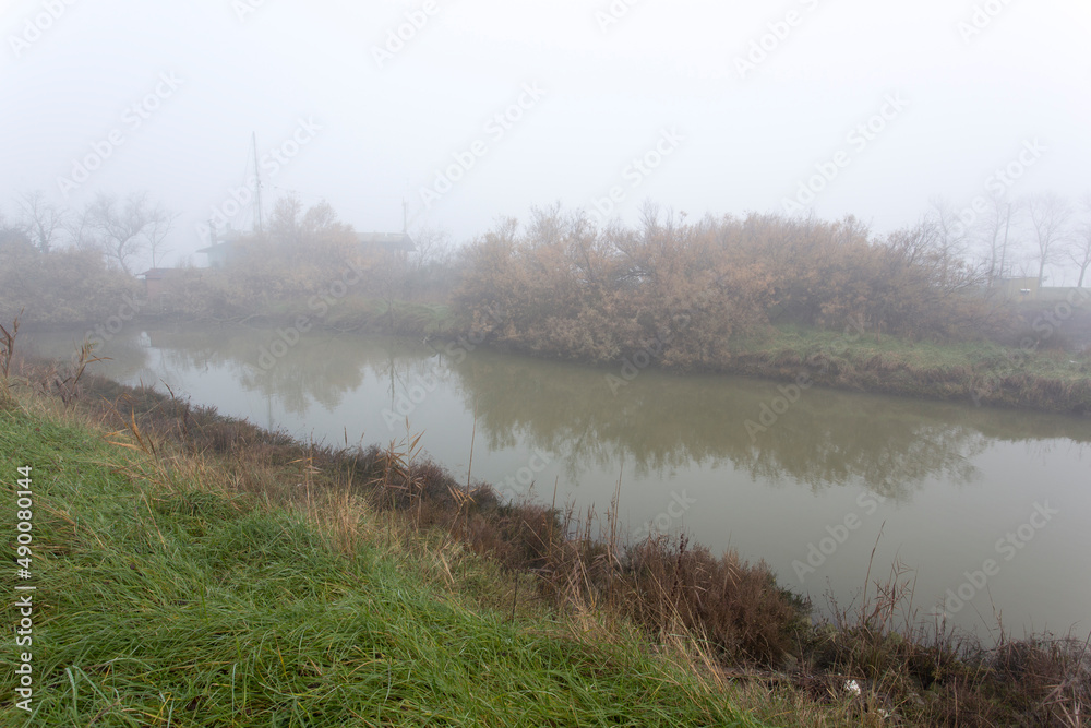 View of landscape in Comacchio field with fog View of landscape in Comacchio field with fog
