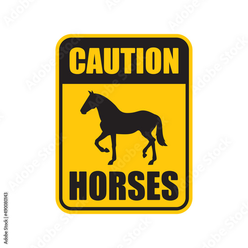 Vector yellow square sign with text: Caution horses. Silhouette of a horse. Isolated on white background.