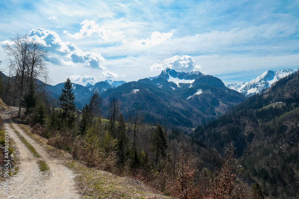 Scenic view of a hiking trail leading to the snow capped mountain peaks of Karawanks near Sinacher Gupf in Carinthia, Austria. Mount Wertatscha and Hochstuhl (Stol) is visible in early spring.Rosental