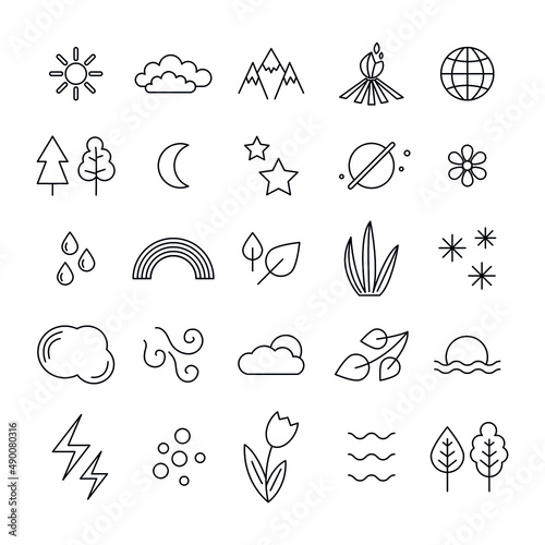 Flat vector icons set. Collection isolated vector. Flat vector illustration. White background. Sun, clouds, rain, tree, snow