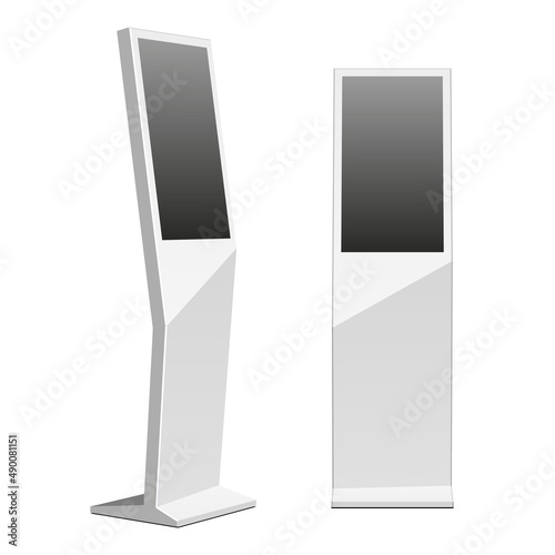 Mockup White Metal ATM With Screen, Display, Automated Teller Machine, Payment Terminal, Advertising Stand Isolated On White Background. 3D Mock Up, Template.