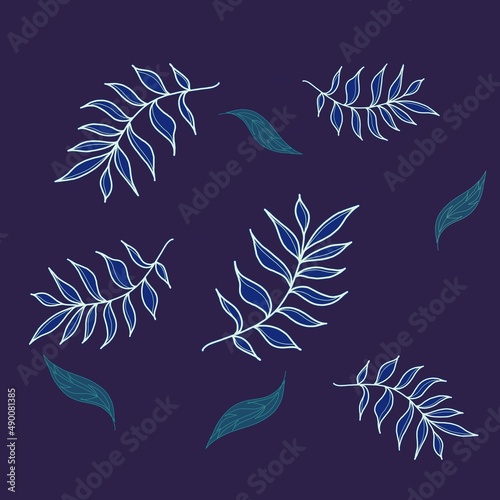 seamless pattern with leaves, Leaves and branches on a blue background