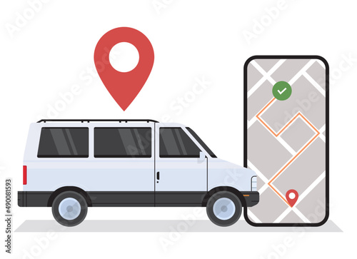 Mobile app concept transportation carsharing service and online order cargo near smartphone screen with gps map flat vector illustration.
