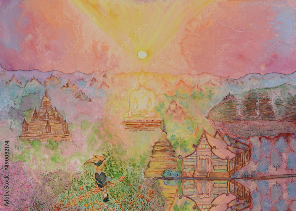 Naklejka premium Sacred site painting. Buddhist temple, stupa, reflected in a pond and hornbill bird eating a fig during majestic sunset and Buddha statue in the background