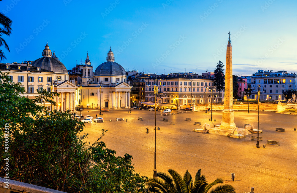 Piazza del Popolo (People's Square), Rome, Italy. Churches of Santa Maria in Montesanto and Santa Maria dei Miracoli. Egyptian obelisk of Ramesses II. Rome architecture and landmark.