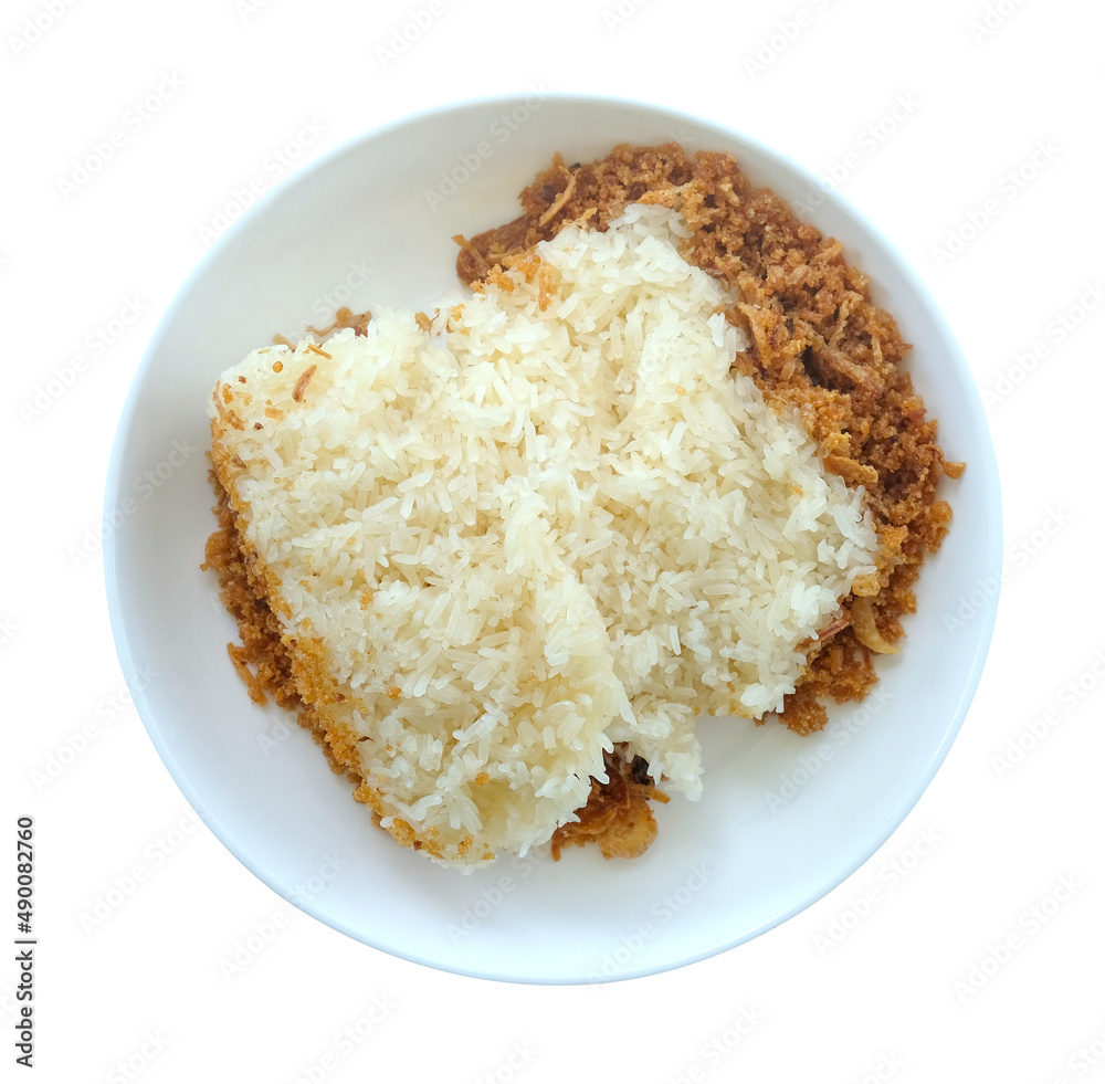 Sticky rice with fried shallots in a white plate isolated on white background,Clipping path Sticky rice with fried shallots in a white plate isolated on white background,Clipping path
