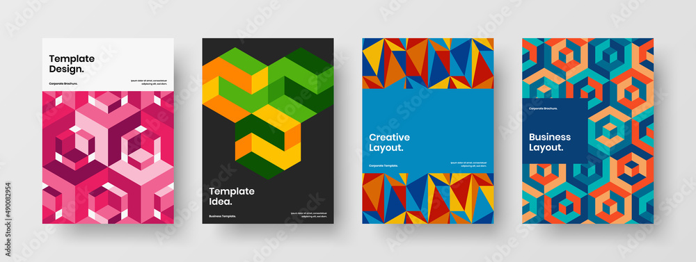 Minimalistic company cover A4 design vector layout bundle. Clean mosaic tiles postcard template collection.