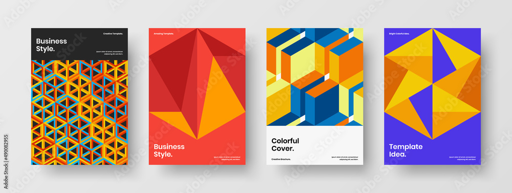 Isolated geometric pattern annual report layout collection. Multicolored poster vector design template bundle.