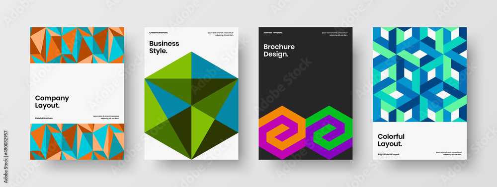 Simple geometric pattern company brochure concept bundle. Fresh magazine cover vector design layout collection.
