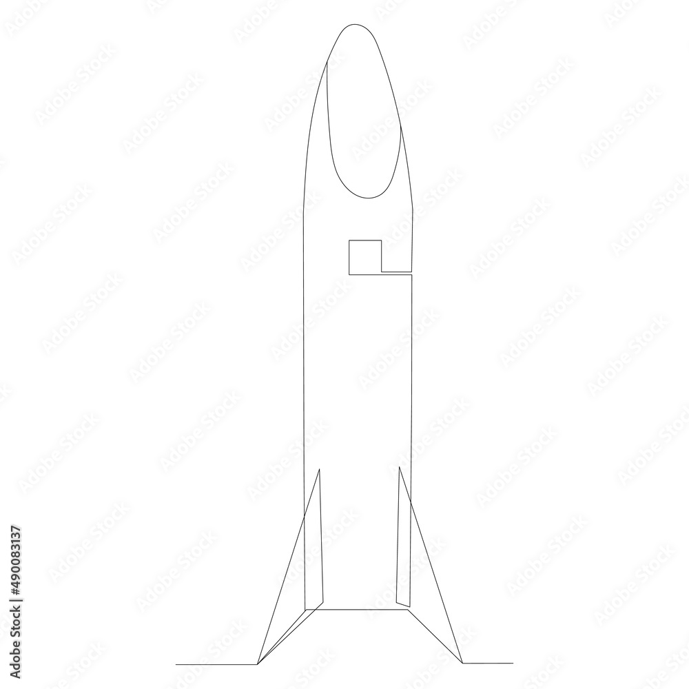 rocket drawing by one continuous line, isolated vector