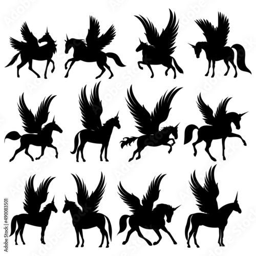 pegasus set silhouette  collection isolated vector