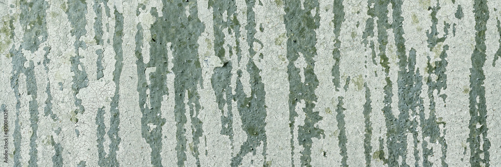 Peeling paint on the wall. Panorama of a concrete wall with old cracked flaking paint. Weathered rough painted surface with patterns of cracks and peeling. Wide panoramic grungy texture for background Peeling paint on the wall. Panorama of a concrete wall with old cracked flaking paint. Weathered rough painted surface with patterns of cracks and peeling. Wide panoramic grungy texture for background