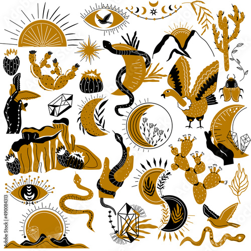 Wild west. Mystical snake, cactus, star, leaf, bard, moon, sun, crustal, hand with snake. Old west. Vector illustration