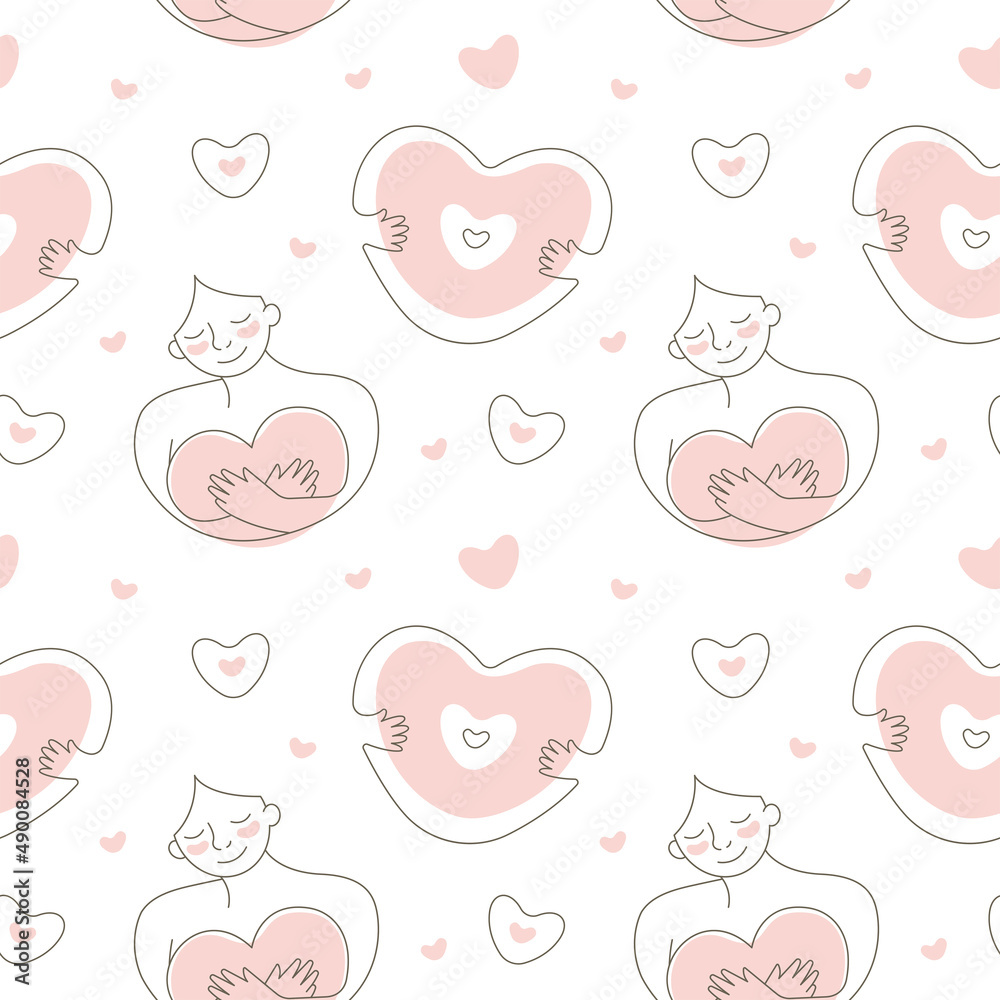 Cute seamless pattern. Motherhood. Love. Pink hearts. Mom and baby. A concept for the design of children's clothing, bed linen or gift packaging. Outline. Vector. Isolated.
