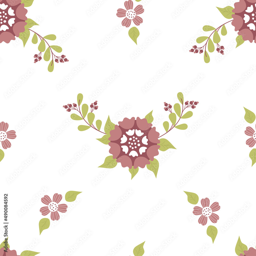 Floral seamless pattern. Decorative flower with branches, leaves and berries on white background. Vector illustration. Botanical pattern for decor, design, print, packaging, wallpaper and textile