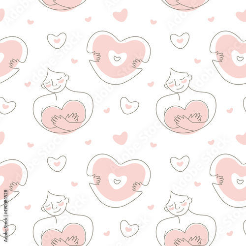 Cute seamless pattern. Motherhood. Love. Pink hearts. Mom and baby. A concept for the design of children's clothing, bed linen or gift packaging. Outline. Vector. Isolated.