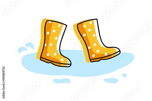 Rainy weather. Bright yellow boots walking in puddle. Yellow high rubber boots isolated on white. Polka dot yellow shoe. Cartoon cute rubber boots pair icon. Color Flat cartoon vector illustration