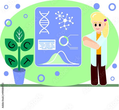 Female scientist in the lab coat analysing and presenting results of genetic studies and lab experiments photo