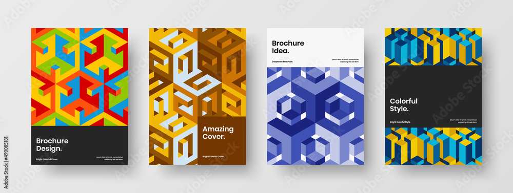 Simple geometric shapes company cover illustration bundle. Multicolored annual report A4 design vector concept set.