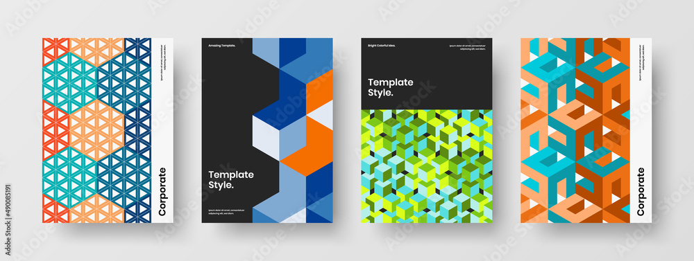 Vivid brochure vector design layout composition. Isolated mosaic hexagons leaflet concept collection.